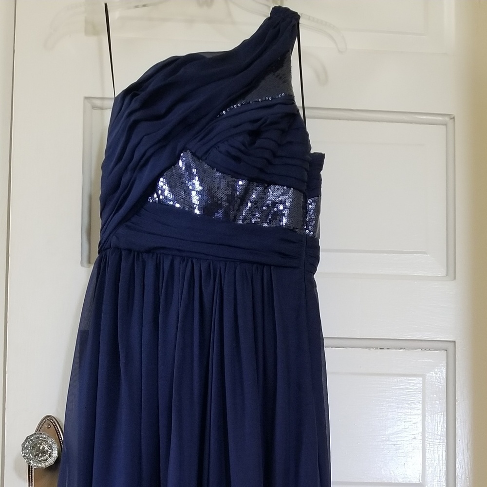 Navy one shoulder ABS chiffon gown